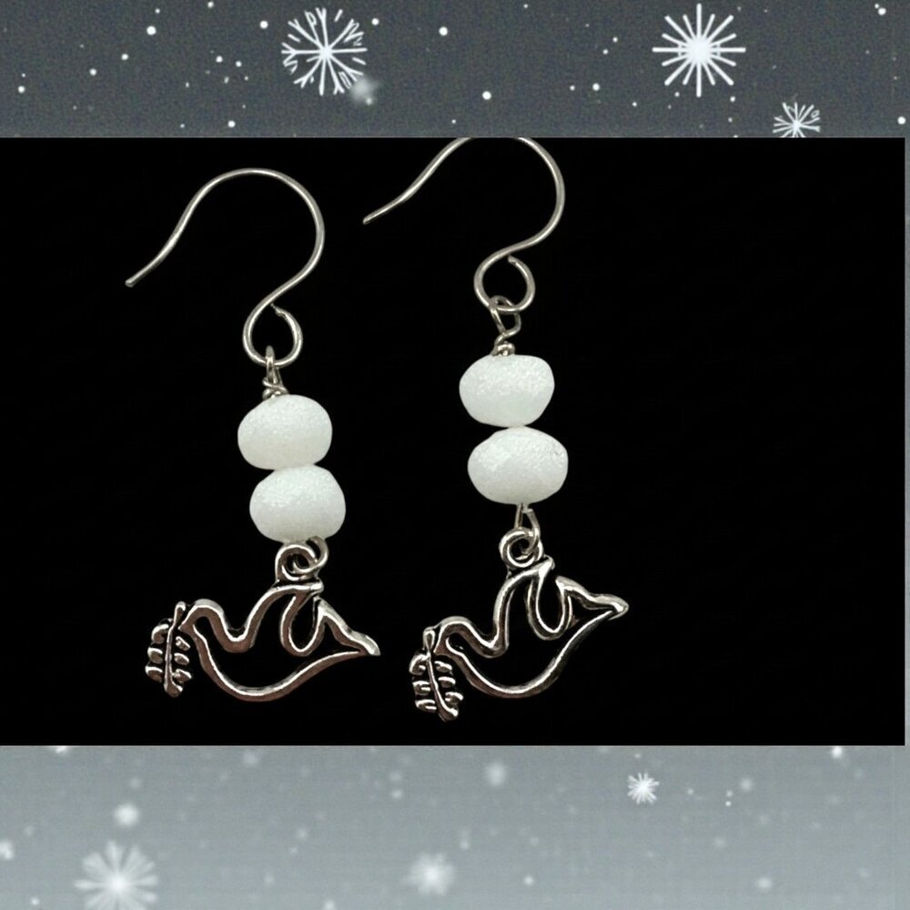 Dove of Peace Dangle Earrings Faceted White Crystal Silver Tone 2" Drop